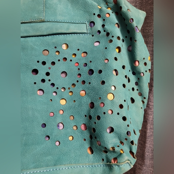 Desigual Teal Leather Tote with Multicolor Peek-Through - Picture 6 of 15